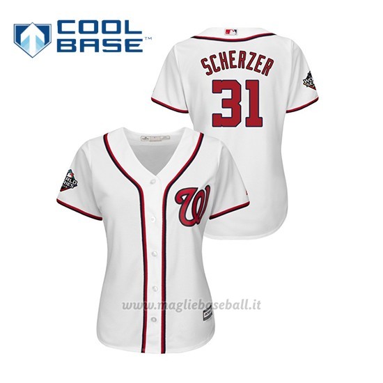 Maglia Baseball Donna Washington Nationals 31 Max Scherzer 2019 World Series Bound Cool Base Bianco
